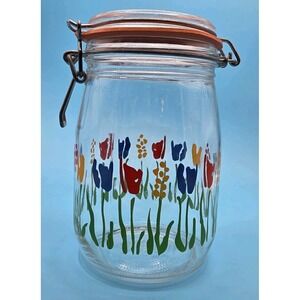 VINTAGE Arc France Glass Tulip Floral Large 9" Clamp Jar Canister 1.5 Litre